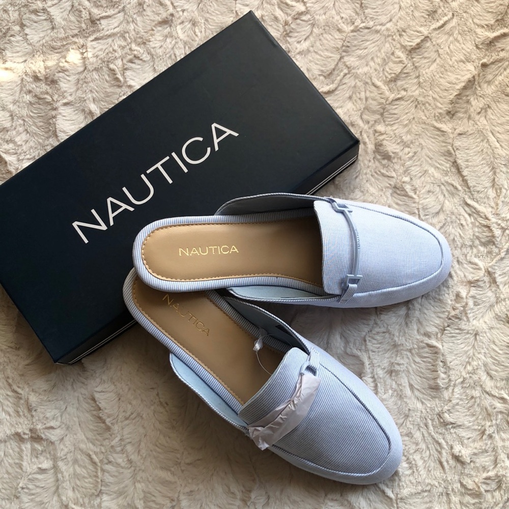 Nautica Labella Blue White Striped Slip on Mules Flats